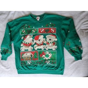 VTG 1992 Jane Colby Green Christmas Bears Puffy Paint Sweatshirt Large
